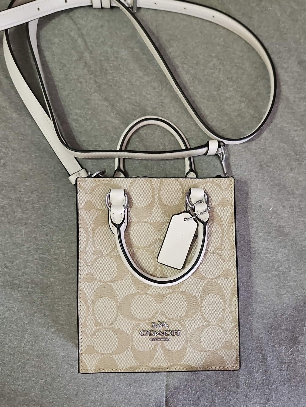 Coach Beige Signature Canvas Mini Crossbody with White Trim NWOT